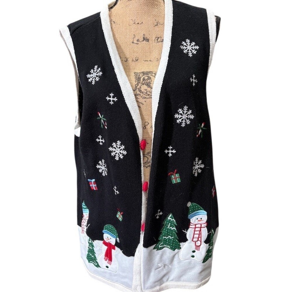 Holiday Editions Sweater Vest Womens 2XL Black Snowman Christmas Button